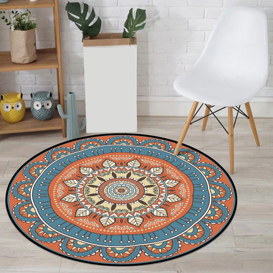 Americana Concentric Circles Pattern Rug with Floral Orange and Blue Polyester Rug Machine Washable Non-Slip Area Rug for Bedroom Orange Clearhalo 'Area Rug' 'Rugs' 'Southwestern' Rug' 1613758