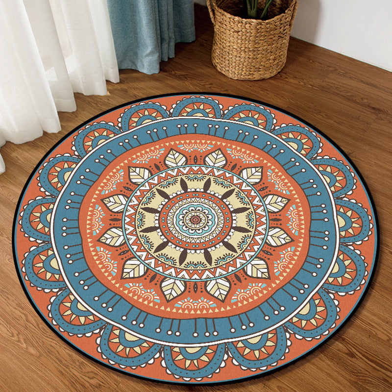 Americana Concentric Circles Pattern Rug with Floral Orange and Blue Polyester Rug Machine Washable Non-Slip Area Rug for Bedroom Clearhalo 'Area Rug' 'Rugs' 'Southwestern' Rug' 1613759