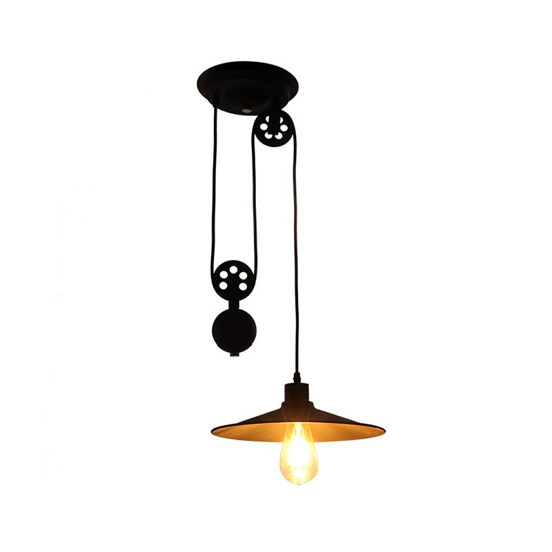 1 Light Pulley Pendant Light with Flared Shade Farmhouse Style Black Metal Hanging Lamp for Indoor Clearhalo 'Art Deco Pendants' 'Black' 'Cast Iron' 'Ceiling Lights' 'Ceramic' 'Crystal' 'Industrial Pendants' 'Industrial' 'Metal' 'Middle Century Pendants' 'Pendant Lights' 'Pendants' 'Rustic Pendants' 'Tiffany' Lighting' 161379