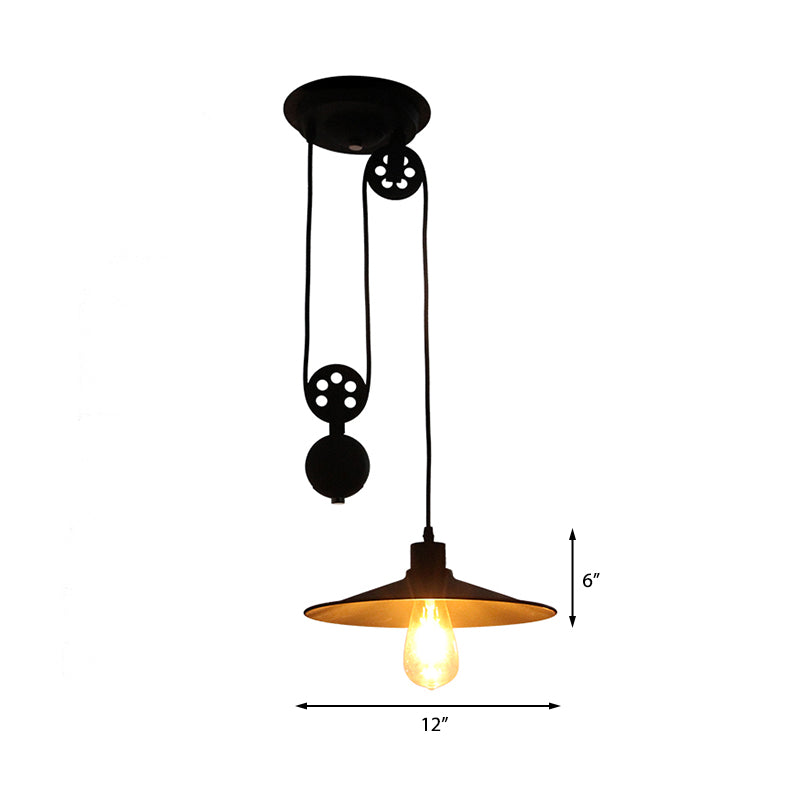1 Light Pulley Pendant Light with Flared Shade Farmhouse Style Black Metal Hanging Lamp for Indoor Clearhalo 'Art Deco Pendants' 'Black' 'Cast Iron' 'Ceiling Lights' 'Ceramic' 'Crystal' 'Industrial Pendants' 'Industrial' 'Metal' 'Middle Century Pendants' 'Pendant Lights' 'Pendants' 'Rustic Pendants' 'Tiffany' Lighting' 161380