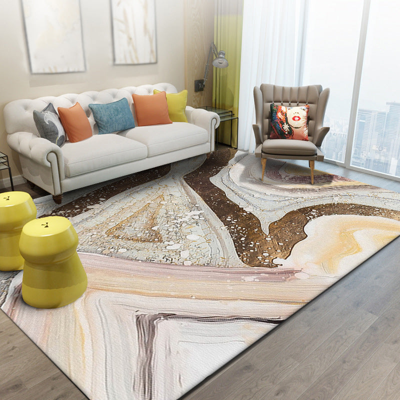 Ivory and Brown Bedroom Rug Modern Abstract Stone Grain Pattern Area Rug Polyester Pet Friendly Washable Carpet Clearhalo 'Area Rug' 'Modern' 'Rugs' Rug' 1613863