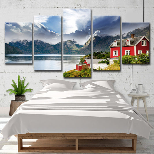Norway Mountain Lake Scenery Canvas Print Red Modernist Wall Art for Bedroom Red Clearhalo 'Art Gallery' 'Canvas Art' 'Contemporary Art Gallery' 'Modern' Arts' 1614054