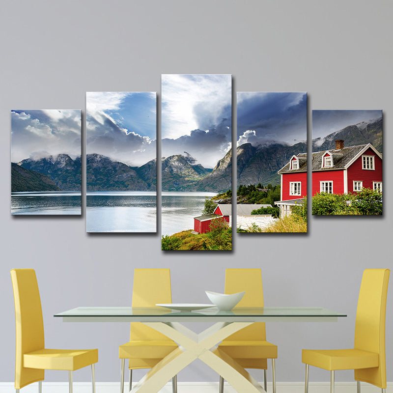 Norway Mountain Lake Scenery Canvas Print Red Modernist Wall Art for Bedroom Clearhalo 'Art Gallery' 'Canvas Art' 'Contemporary Art Gallery' 'Modern' Arts' 1614055