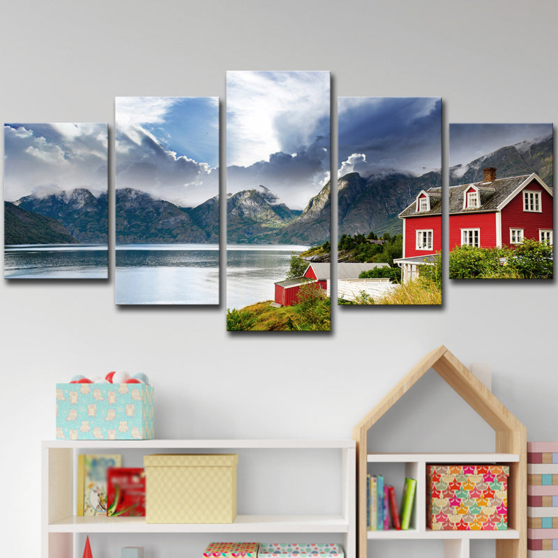 Norway Mountain Lake Scenery Canvas Print Red Modernist Wall Art for Bedroom Clearhalo 'Art Gallery' 'Canvas Art' 'Contemporary Art Gallery' 'Modern' Arts' 1614056