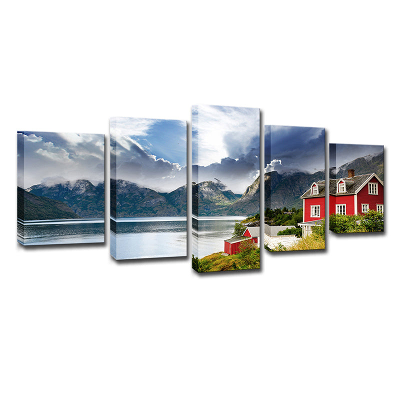Norway Mountain Lake Scenery Canvas Print Red Modernist Wall Art for Bedroom Clearhalo 'Art Gallery' 'Canvas Art' 'Contemporary Art Gallery' 'Modern' Arts' 1614057