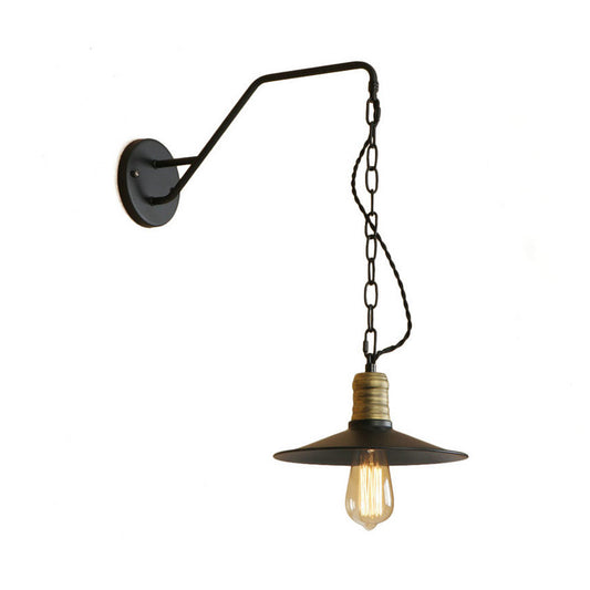 1 Bulb Wall Hanging Light with Flat Shade and Chain Metal Vintage Style Living Room Sconce Lighting in Black, 7"/10" W Clearhalo 'Art deco wall lights' 'Cast Iron' 'Glass' 'Industrial wall lights' 'Industrial' 'Middle century wall lights' 'Modern' 'Rustic wall lights' 'Tiffany' 'Traditional wall lights' 'Wall Lamps & Sconces' 'Wall Lights' Lighting' 161406