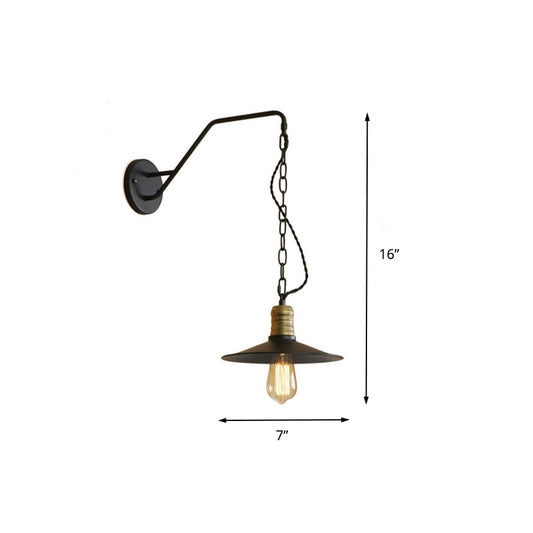 1 Bulb Wall Hanging Light with Flat Shade and Chain Metal Vintage Style Living Room Sconce Lighting in Black, 7"/10" W Clearhalo 'Art deco wall lights' 'Cast Iron' 'Glass' 'Industrial wall lights' 'Industrial' 'Middle century wall lights' 'Modern' 'Rustic wall lights' 'Tiffany' 'Traditional wall lights' 'Wall Lamps & Sconces' 'Wall Lights' Lighting' 161407
