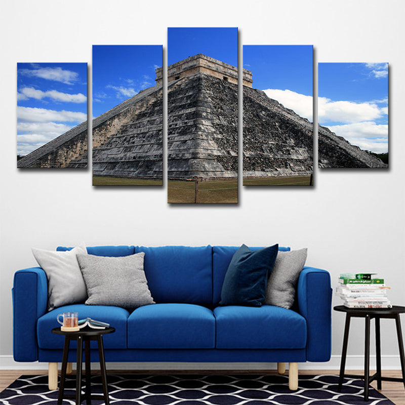 Maya Pyramid Exterior View Art Print Global Inspired Canvas Wall Decor in Sky Blue Sky Blue Clearhalo 'Art Gallery' 'Canvas Art' 'Contemporary Art Gallery' 'Modern' Arts' 1614117