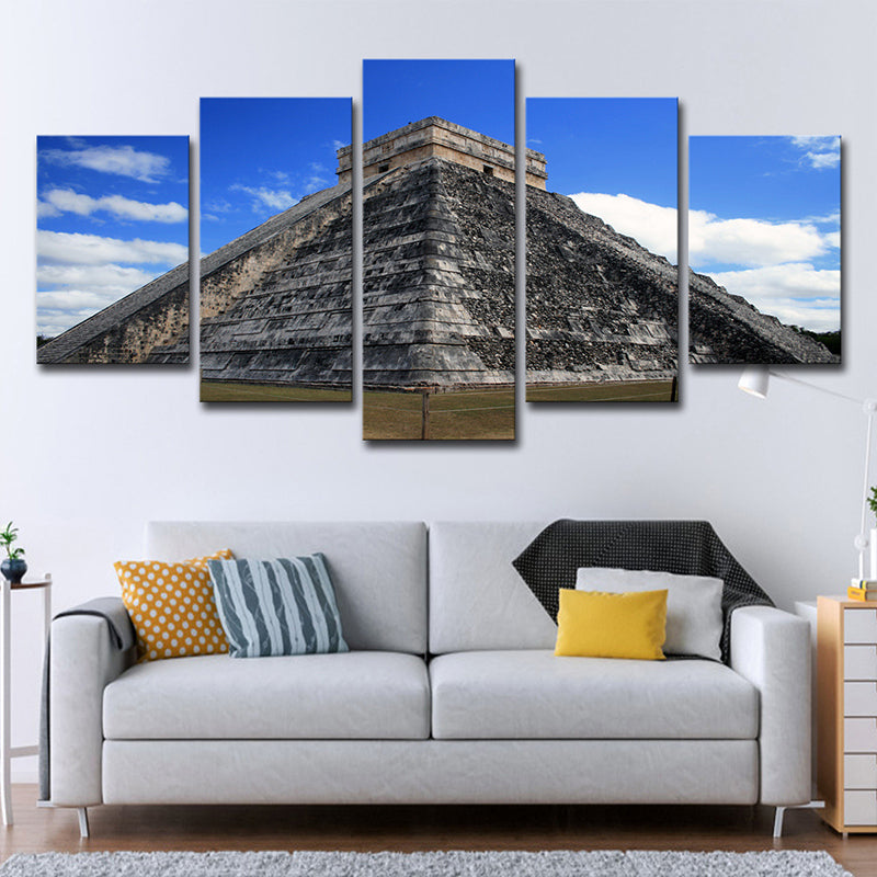 Maya Pyramid Exterior View Art Print Global Inspired Canvas Wall Decor in Sky Blue Clearhalo 'Art Gallery' 'Canvas Art' 'Contemporary Art Gallery' 'Modern' Arts' 1614118
