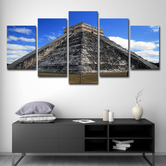 Maya Pyramid Exterior View Art Print Global Inspired Canvas Wall Decor in Sky Blue Clearhalo 'Art Gallery' 'Canvas Art' 'Contemporary Art Gallery' 'Modern' Arts' 1614119