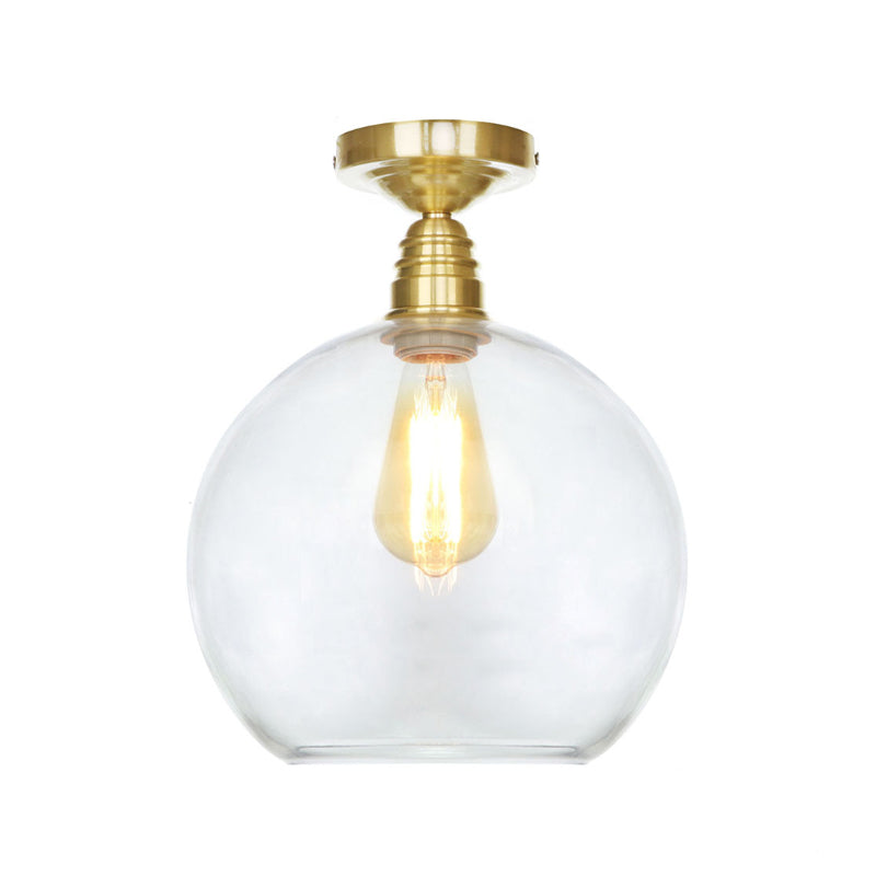 1 Light Spherical Semi Flush Light Brass Industrial Clear/Amber Glass Ceiling Mount, 8"/10"/12" Wide Clearhalo 'Ceiling Lights' 'Close To Ceiling Lights' 'Close to ceiling' 'Glass shade' 'Glass' 'Semi-flushmount' Lighting' 161412