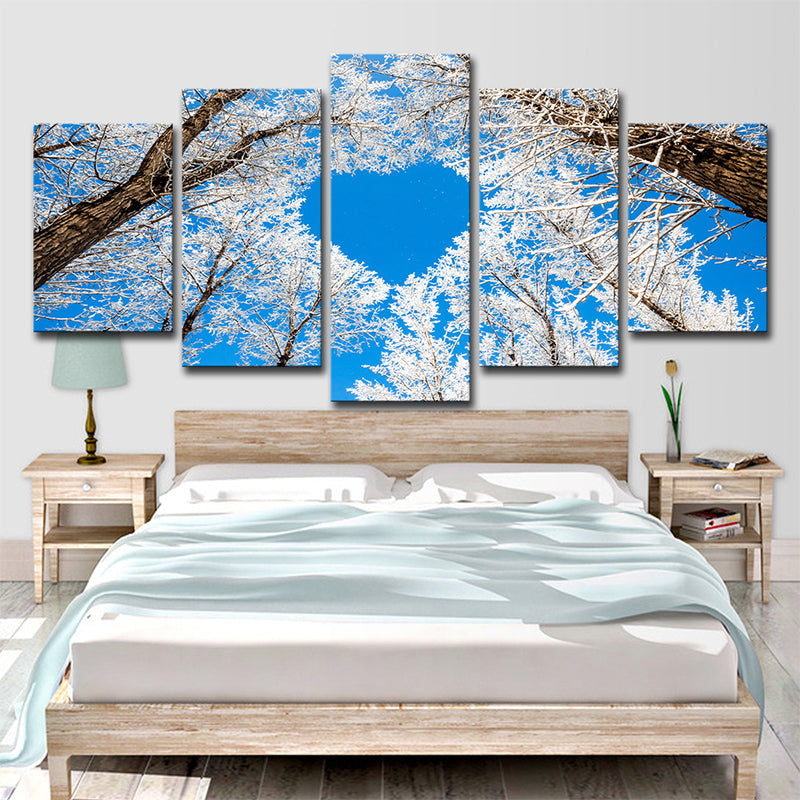 Noordse winterscape Wall Art Decor Blue Heart Vorme Tree Branch canvas print voor slaapkamer