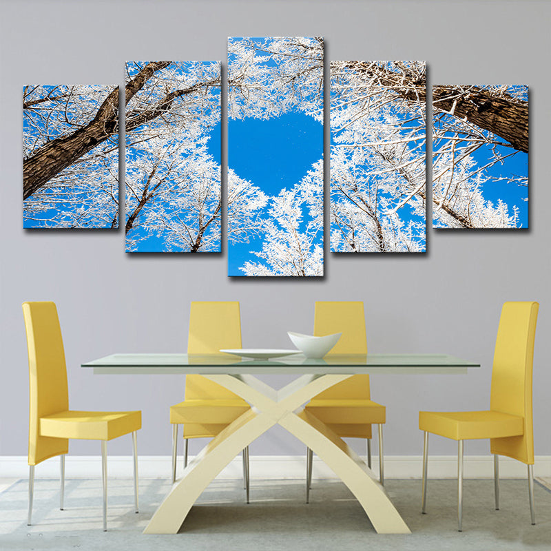 Nordic Winterscape Wall Art Decor Blue Heart Shaped Tree Branch Canvas Print for Bedroom