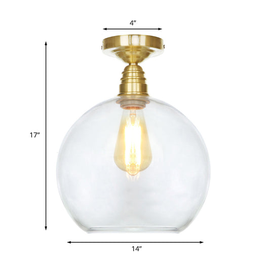1 Light Spherical Semi Flush Light Brass Industrial Clear/Amber Glass Ceiling Mount, 8"/10"/12" Wide Clearhalo 'Ceiling Lights' 'Close To Ceiling Lights' 'Close to ceiling' 'Glass shade' 'Glass' 'Semi-flushmount' Lighting' 161413