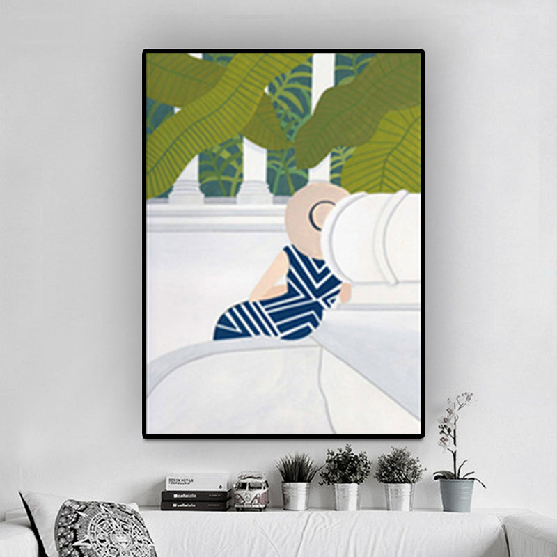 Green Nordic Wrapped Canvas Woman and Scenic Painting Wall Art Print for Bedroom Clearhalo 'Arts' 'Canvas Art' 1614147
