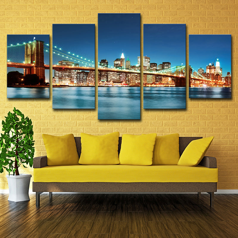 Modern Night Cityscape Wall Art Blue Brooklyn Bridge Canvas Print for Home, Multi-Piece Blue Clearhalo 'Arts' 'Canvas Art' 1614152