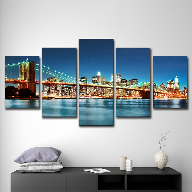 Modern Night Cityscape Wall Art Blue Brooklyn Bridge Canvas Print for Home, Multi-Piece Clearhalo 'Arts' 'Canvas Art' 1614153