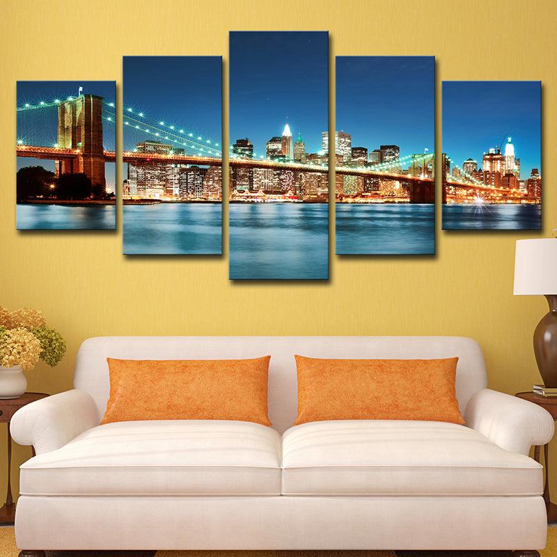 Modern Night Cityscape Wall Art Blue Brooklyn Bridge Canvas Print for Home, Multi-Piece Clearhalo 'Arts' 'Canvas Art' 1614154