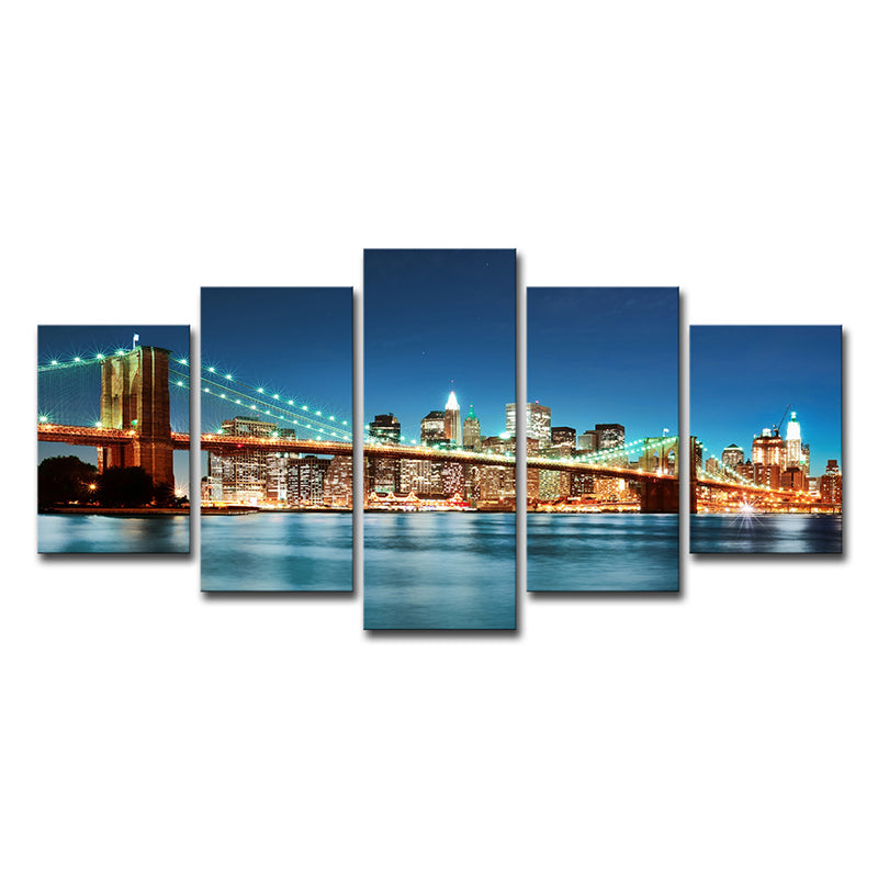 Modern Night Cityscape Wall Art Blue Brooklyn Bridge Canvas Print for Home, Multi-Piece Clearhalo 'Arts' 'Canvas Art' 1614155