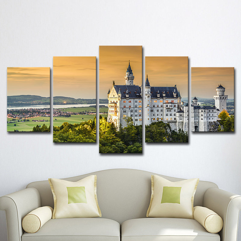 Modern Mansion Sunset Landscape Art Print White Multi-Piece Canvas for Living Room Clearhalo 'Art Gallery' 'Canvas Art' 'Contemporary Art Gallery' 'Modern' Arts' 1614160