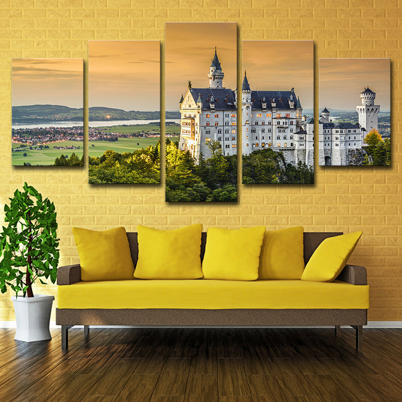 Modern Mansion Sunset Landscape Art Print White Multi-Piece Canvas for Living Room Clearhalo 'Art Gallery' 'Canvas Art' 'Contemporary Art Gallery' 'Modern' Arts' 1614161