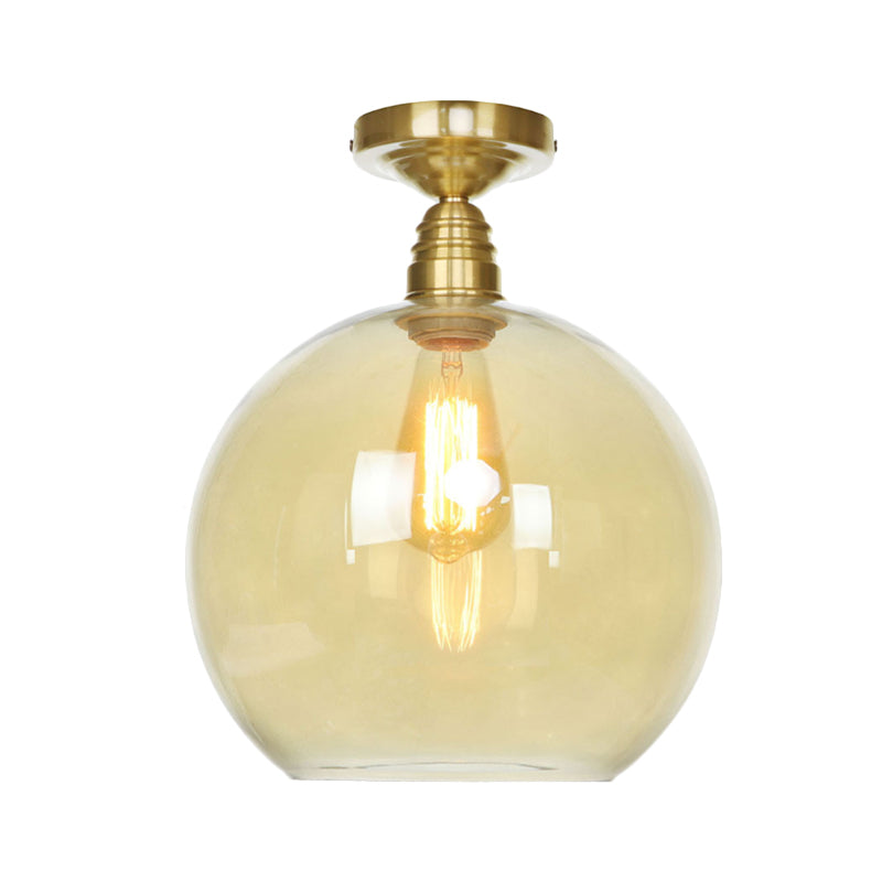 1 Light Spherical Semi Flush Light Brass Industrial Clear/Amber Glass Ceiling Mount, 8"/10"/12" Wide Clearhalo 'Ceiling Lights' 'Close To Ceiling Lights' 'Close to ceiling' 'Glass shade' 'Glass' 'Semi-flushmount' Lighting' 161419