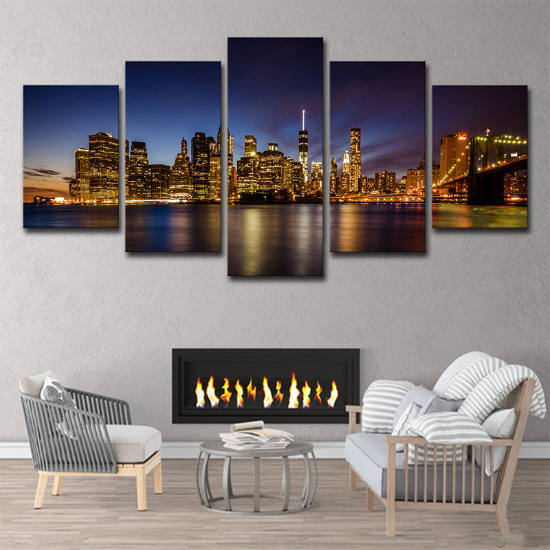 Night Brooklyn Bridge Park Canvas Multi-Piece Modern Living Room Wall Art, Brown Brown Clearhalo 'Art Gallery' 'Canvas Art' 'Contemporary Art Gallery' 'Modern' Arts' 1614194