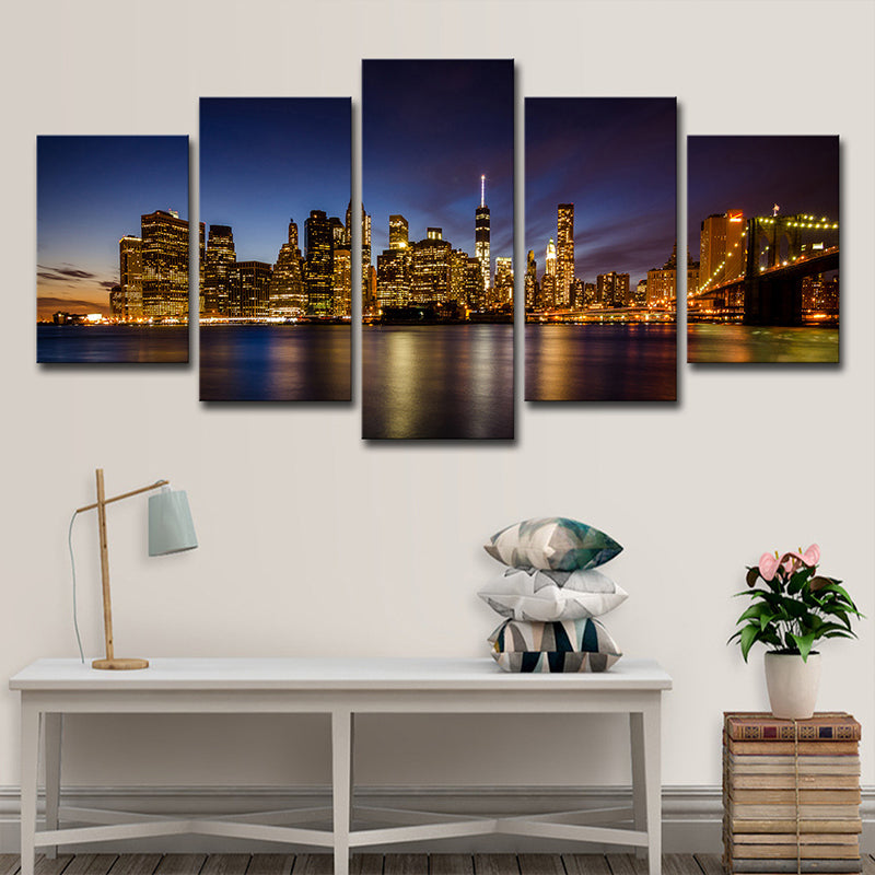 Night Brooklyn Bridge Park Canvas Multi-Piece Modern Living Room Wall Art, Brown Clearhalo 'Art Gallery' 'Canvas Art' 'Contemporary Art Gallery' 'Modern' Arts' 1614195