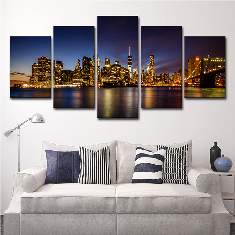 Night Brooklyn Bridge Park Canvas Multi-Piece Modern Living Room Wall Art, Brown Clearhalo 'Art Gallery' 'Canvas Art' 'Contemporary Art Gallery' 'Modern' Arts' 1614196