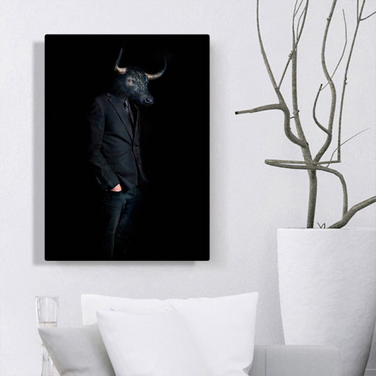 Ox Gentleman Canvas Art Kids Style Textured Wall Decoration in Black for Living Room Black Clearhalo 'Art Gallery' 'Canvas Art' 'Kids' Arts' 1614201