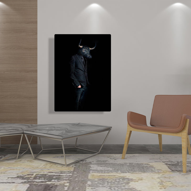 Ox Gentleman Canvas Art Kids Style Textured Wall Decoration in Black for Living Room Clearhalo 'Art Gallery' 'Canvas Art' 'Kids' Arts' 1614203
