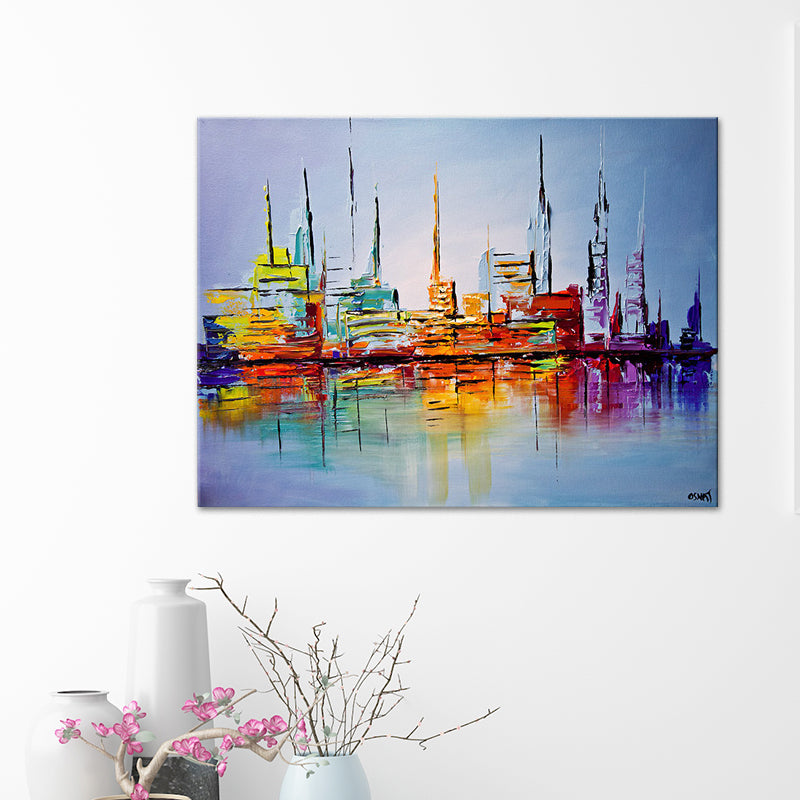 Skyscrapers Painting Contemporary Stunning Cityscape Wall Art Print in Orange-Blue Clearhalo 'Art Gallery' 'Canvas Art' 'Contemporary Art Gallery' 'Modern' Arts' 1614244