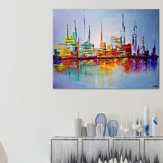 Skyscrapers Painting Contemporary Stunning Cityscape Wall Art Print in Orange-Blue Clearhalo 'Art Gallery' 'Canvas Art' 'Contemporary Art Gallery' 'Modern' Arts' 1614245