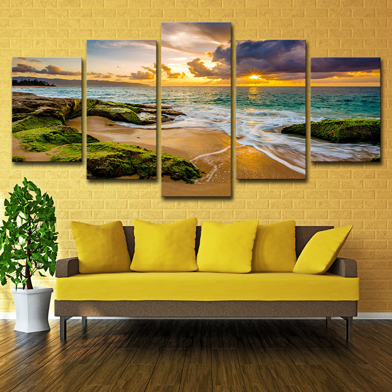 Green Moss Rock Shore Art Print Sunset Seascape Modern Multi-Piece Canvas for Corridor Green Clearhalo 'Art Gallery' 'Canvas Art' 'Contemporary Art Gallery' 'Modern' Arts' 1614255