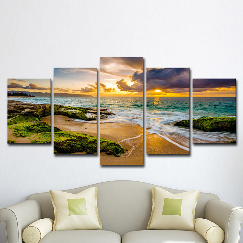 Green Moss Rock Shore Art Print Sunset Seascape Modern Multi-Piece Canvas for Corridor Clearhalo 'Art Gallery' 'Canvas Art' 'Contemporary Art Gallery' 'Modern' Arts' 1614256