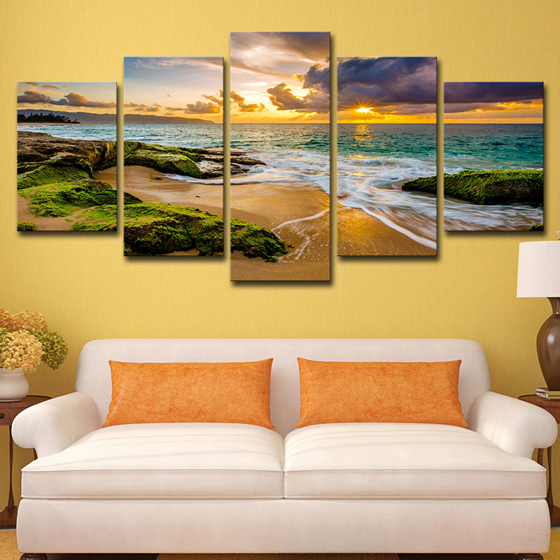 Green Moss Rock Shore Art Print Sunset Seascape Modern Multi-Piece Canvas for Corridor Clearhalo 'Art Gallery' 'Canvas Art' 'Contemporary Art Gallery' 'Modern' Arts' 1614257
