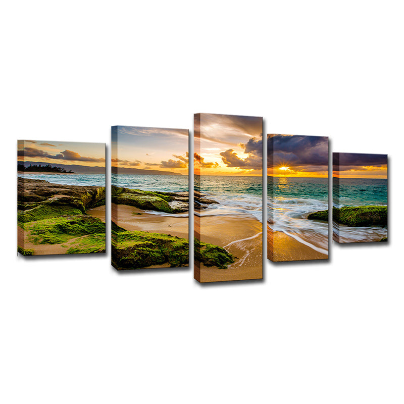 Green Moss Rock Shore Art Print Sunset Seascape Modern Multi-Piece Canvas for Corridor Clearhalo 'Art Gallery' 'Canvas Art' 'Contemporary Art Gallery' 'Modern' Arts' 1614258