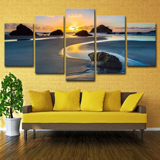 Yellow Sunset Tidal Flat Canvas Multiple-Piece Wall Art Print for House Interior Yellow Clearhalo 'Art Gallery' 'Canvas Art' 'Contemporary Art Gallery' 'Modern' Arts' 1614262