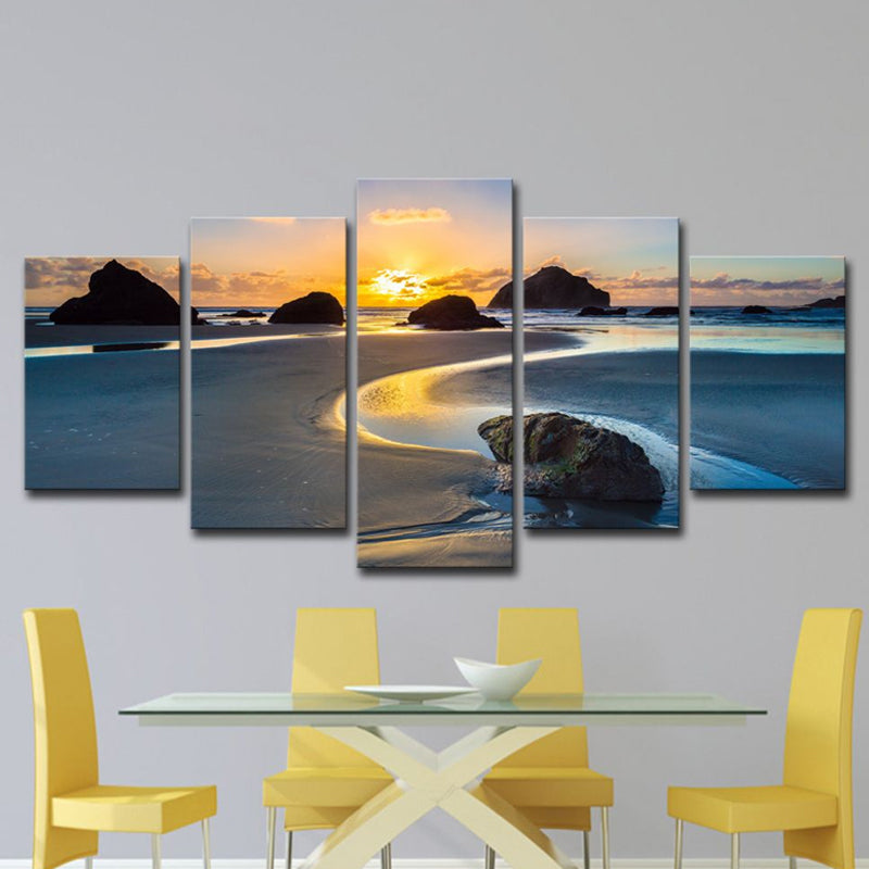 Yellow Sunset Tidal Flat Canvas Multiple-Piece Wall Art Print for House Interior Clearhalo 'Art Gallery' 'Canvas Art' 'Contemporary Art Gallery' 'Modern' Arts' 1614263