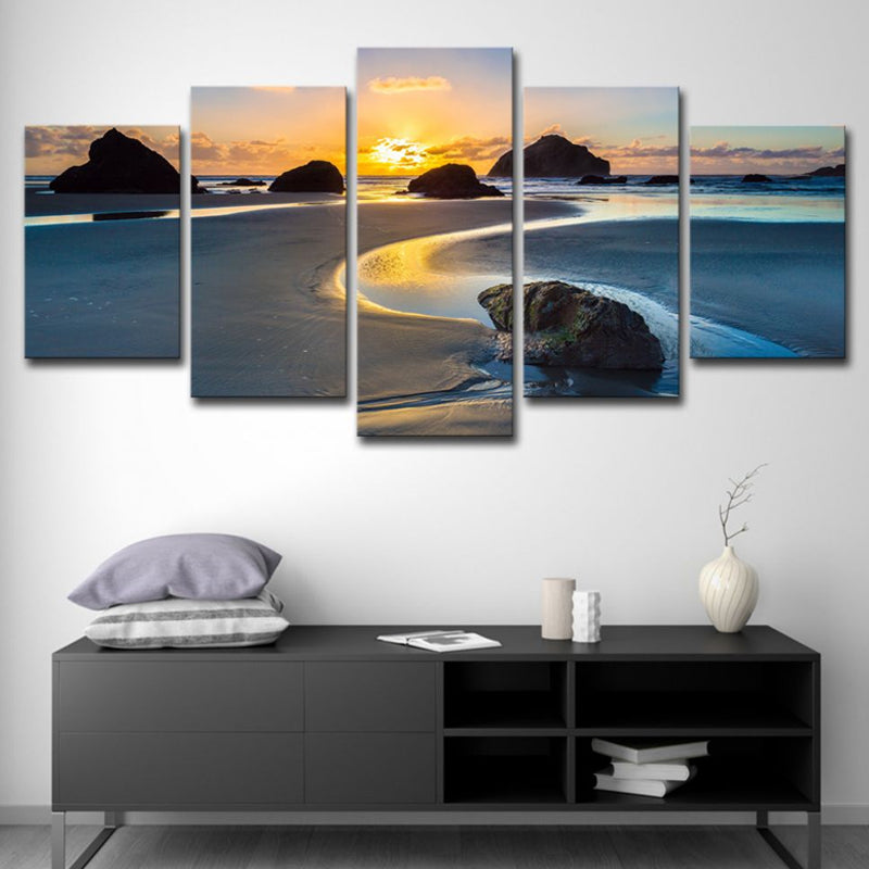 Yellow Sunset Tidal Flat Canvas Multiple-Piece Wall Art Print for House Interior Clearhalo 'Art Gallery' 'Canvas Art' 'Contemporary Art Gallery' 'Modern' Arts' 1614264