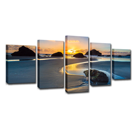 Yellow Sunset Tidal Flat Canvas Multiple-Piece Wall Art Print for House Interior Clearhalo 'Art Gallery' 'Canvas Art' 'Contemporary Art Gallery' 'Modern' Arts' 1614265