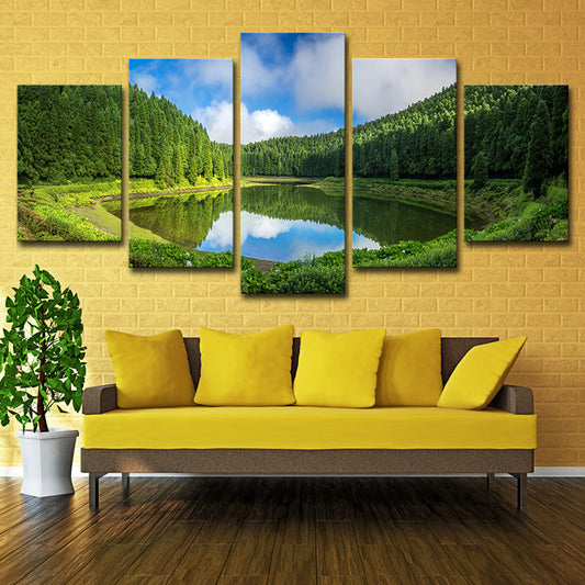 Lake and Pine Trees Canvas Multi-Piece Modern Family Room Wall Art Decor in Green Green Clearhalo 'Art Gallery' 'Canvas Art' 'Contemporary Art Gallery' 'Modern' Arts' 1614269