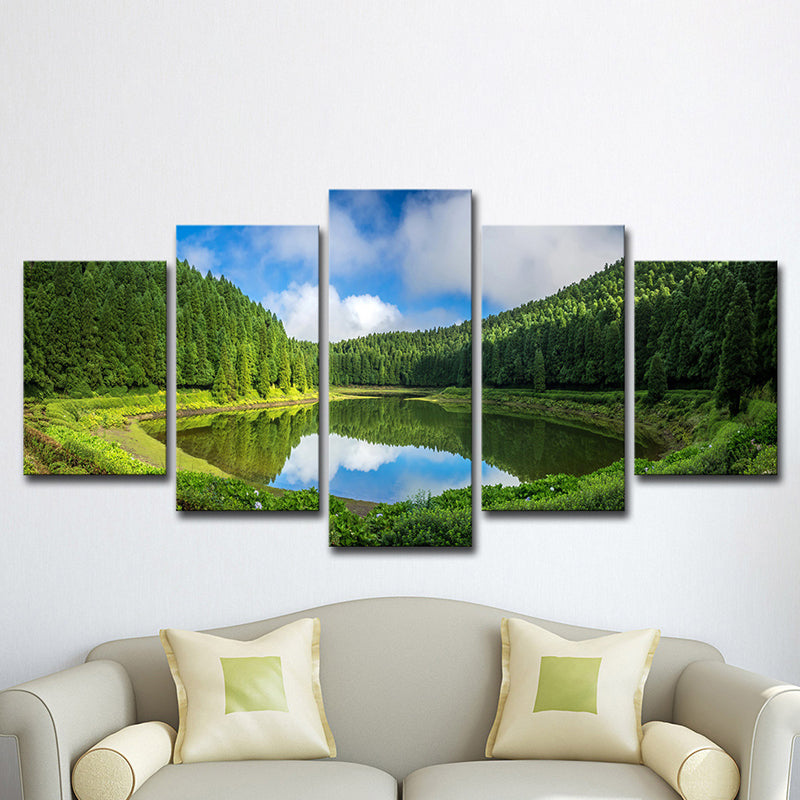 Lake and Pine Trees Canvas Multi-Piece Modern Family Room Wall Art Decor in Green Clearhalo 'Art Gallery' 'Canvas Art' 'Contemporary Art Gallery' 'Modern' Arts' 1614270