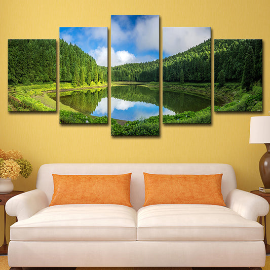 Lake and Pine Trees Canvas Multi-Piece Modern Family Room Wall Art Decor in Green Clearhalo 'Art Gallery' 'Canvas Art' 'Contemporary Art Gallery' 'Modern' Arts' 1614271