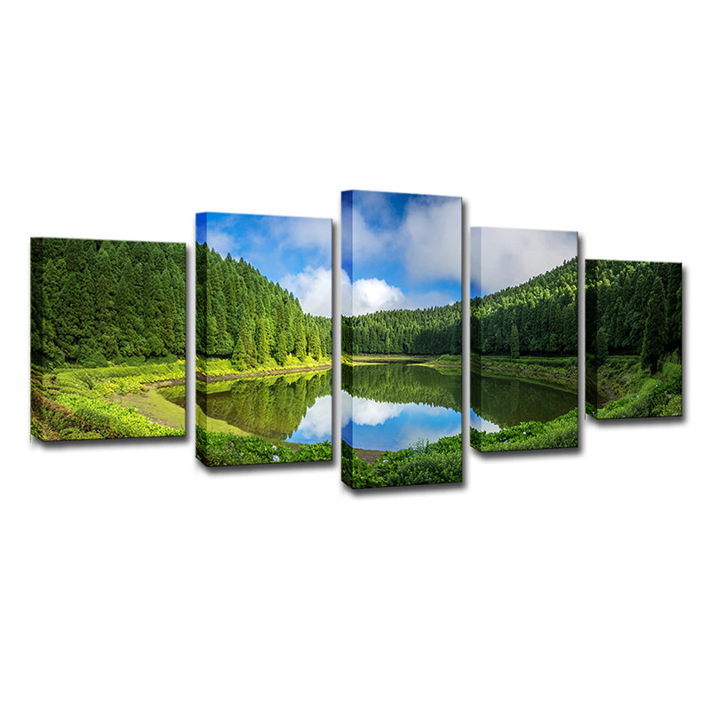 Lake and Pine Trees Canvas Multi-Piece Modern Family Room Wall Art Decor in Green Clearhalo 'Art Gallery' 'Canvas Art' 'Contemporary Art Gallery' 'Modern' Arts' 1614272