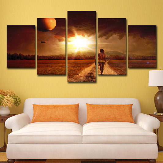 Multi-Piece Yellow Canvas Art Modern Woman Walking in Farm Path at Sunset Wall Decor Yellow Clearhalo 'Art Gallery' 'Canvas Art' 'Contemporary Art Gallery' 'Modern' Arts' 1614297