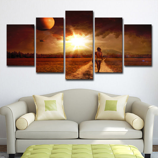 Multi-Piece Yellow Canvas Art Modern Woman Walking in Farm Path at Sunset Wall Decor Clearhalo 'Art Gallery' 'Canvas Art' 'Contemporary Art Gallery' 'Modern' Arts' 1614298