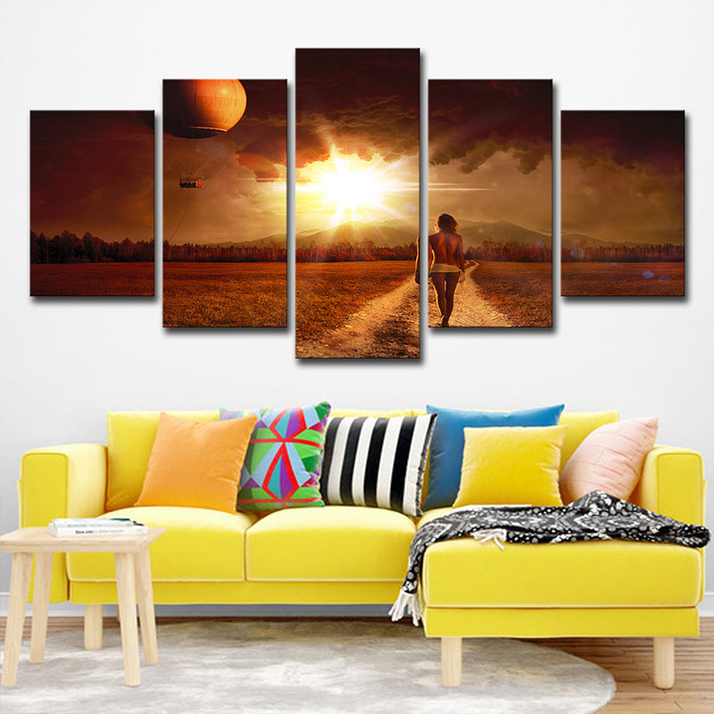 Multi-Piece Yellow Canvas Art Modern Woman Walking in Farm Path at Sunset Wall Decor Clearhalo 'Art Gallery' 'Canvas Art' 'Contemporary Art Gallery' 'Modern' Arts' 1614299