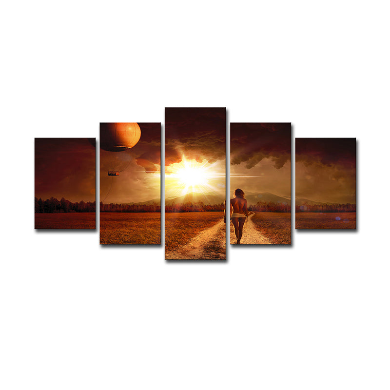 Multi-Piece Yellow Canvas Art Modern Woman Walking in Farm Path at Sunset Wall Decor Clearhalo 'Art Gallery' 'Canvas Art' 'Contemporary Art Gallery' 'Modern' Arts' 1614300