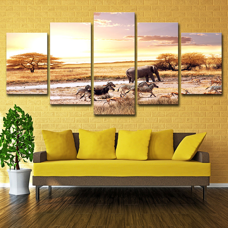 Yellow African Savanna Landscape Art Print Zebra and Elephant Tropix Multi-Piece Canvas Yellow Clearhalo 'Art Gallery' 'Canvas Art' 'Contemporary Art Gallery' 'Modern' Arts' 1614318